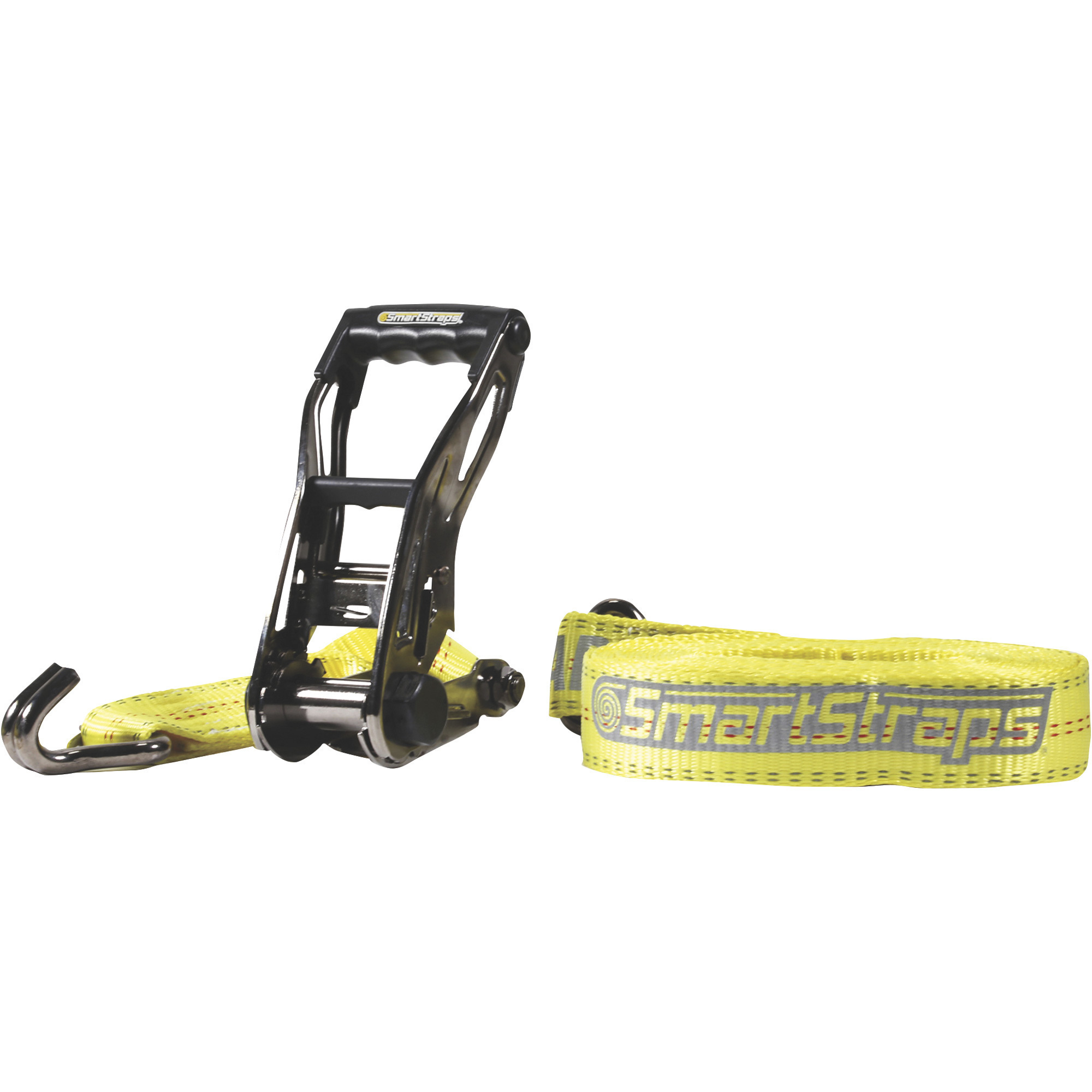 SmartStraps Commercial-Grade Black Nickel Ratchet Tie-Down Strap, 2in. x 27ft., with J-Hook, 10,000-Lb. Breaking Strength, Yellow, Model# 4555